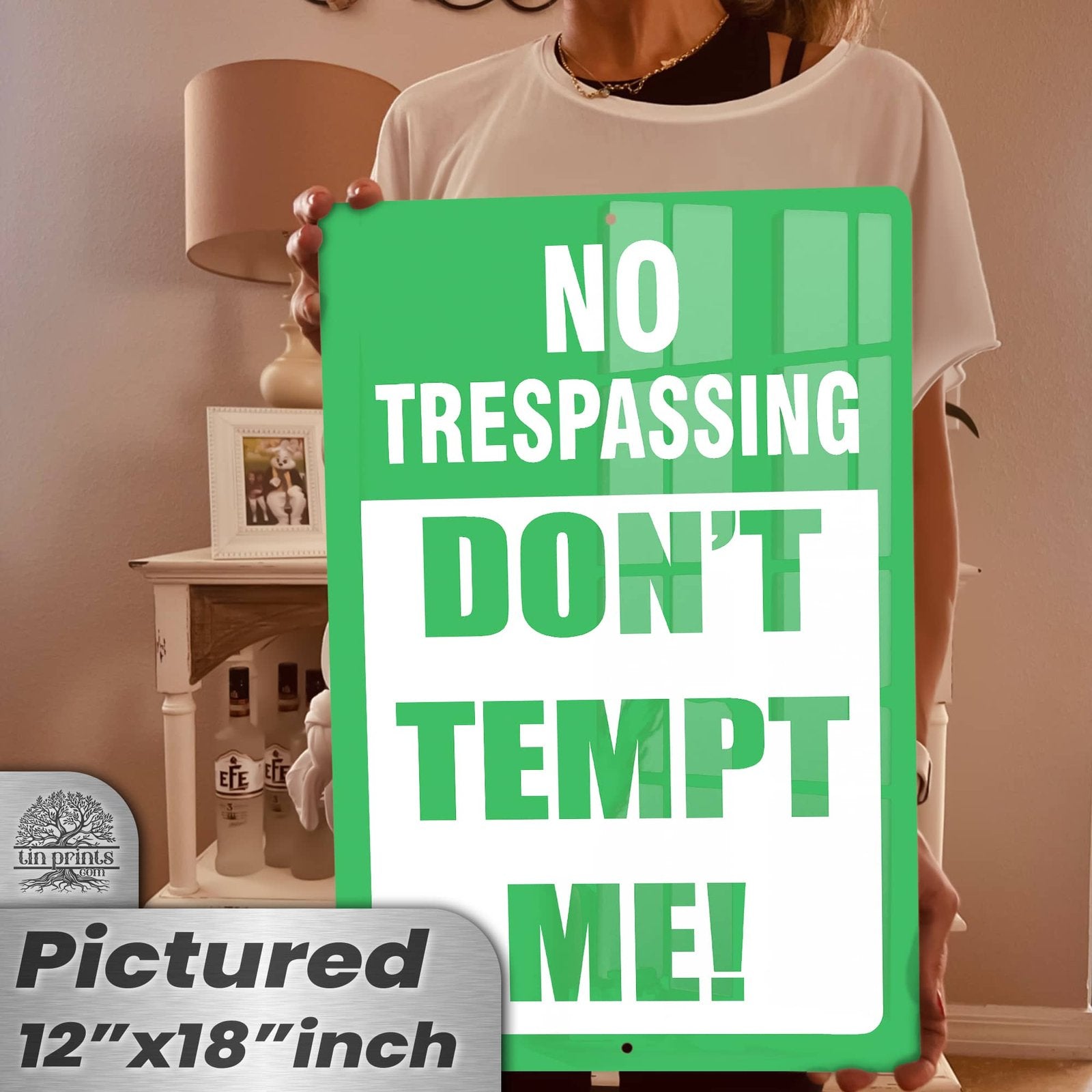 No Trespassing: Do Not Tempt Me Sign, Tin Metal 12x18, Rustproof Indoor/Outdoor