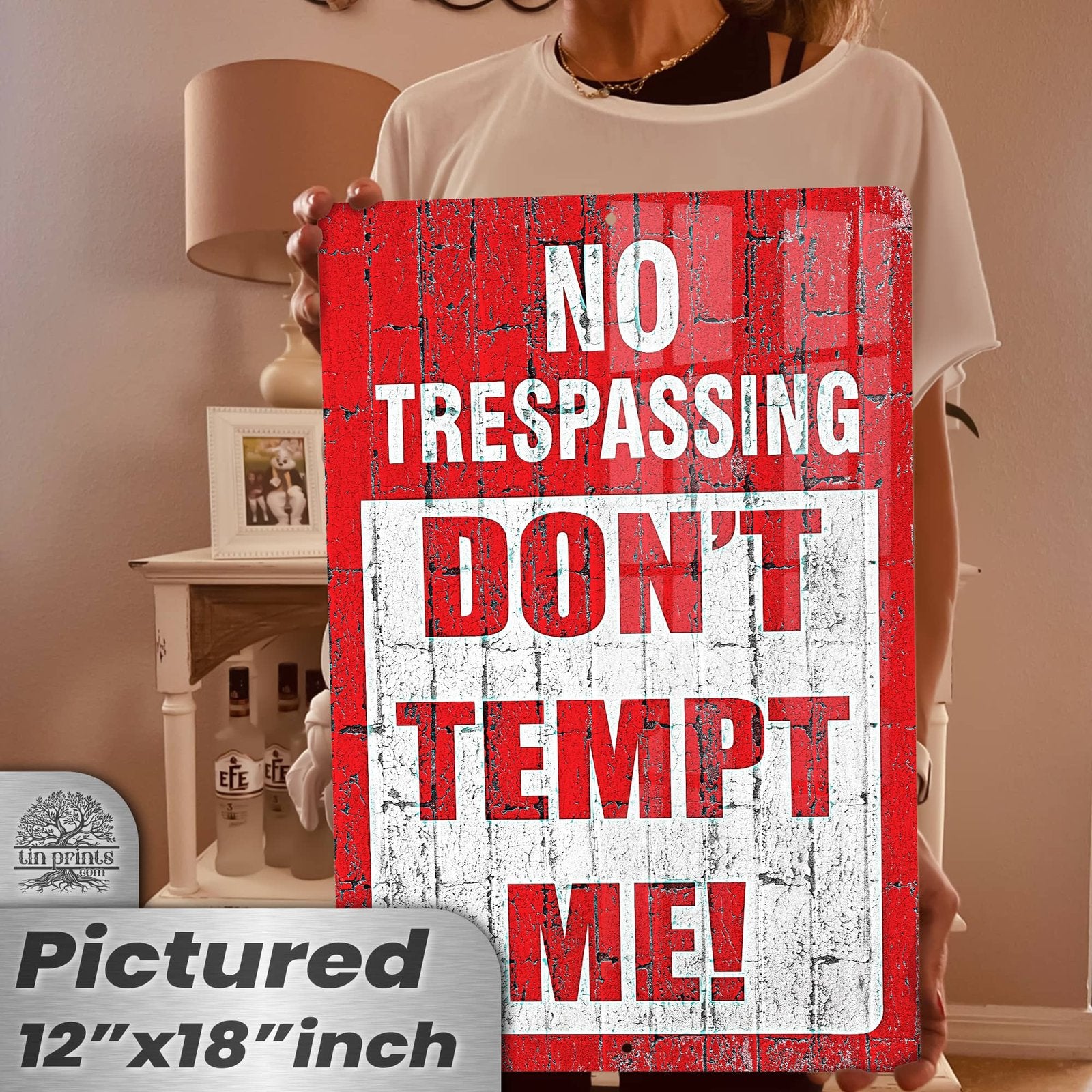 No Trespassing: Do Not Tempt Me Sign, Tin Metal 12x18, Rustproof Indoor/Outdoor