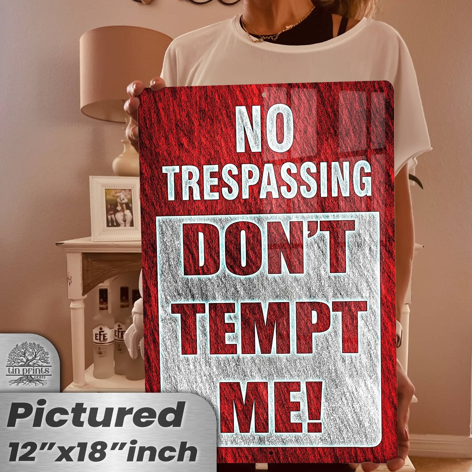 No Trespassing: Do Not Tempt Me Sign, Tin Metal 12x18, Rustproof Indoor/Outdoor